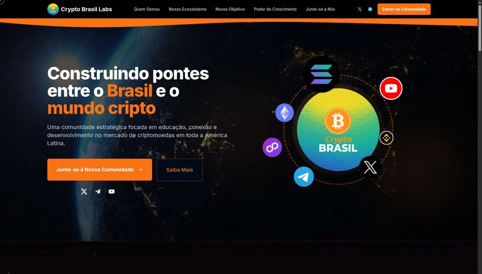 Captura real da landing page Crypto Brasil Labs em fundo escuro, com identidade laranja e ecossistema cripto.