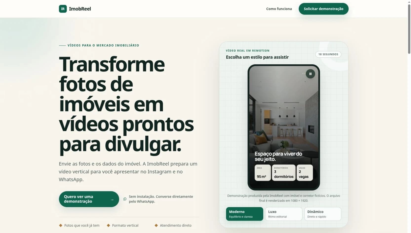Captura real da landing page ImobReel, com proposta de vídeos imobiliários e demonstração em celular.