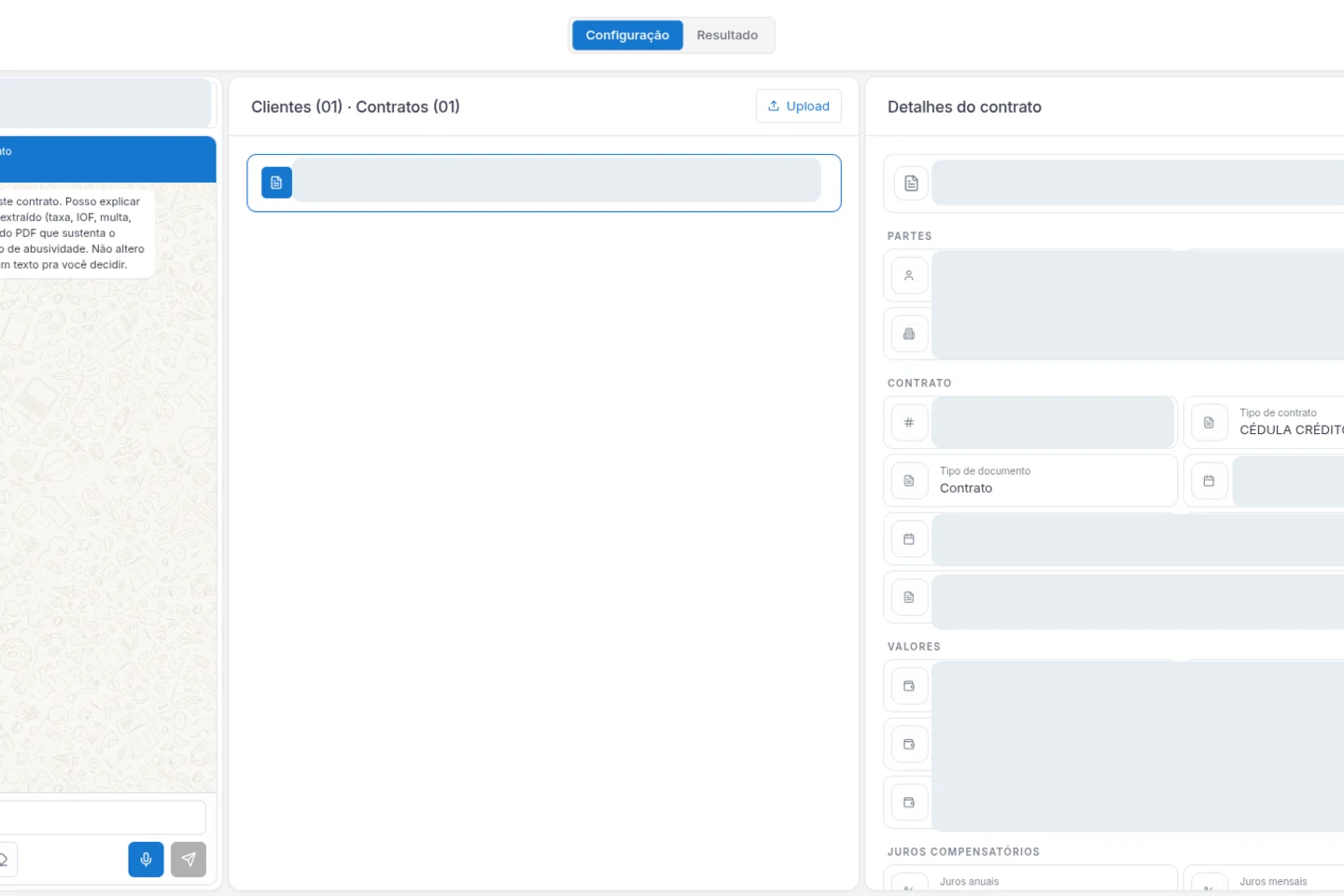 Captura real sanitizada da interface de análise contratual, com assistente, documento e painel de detalhes.
