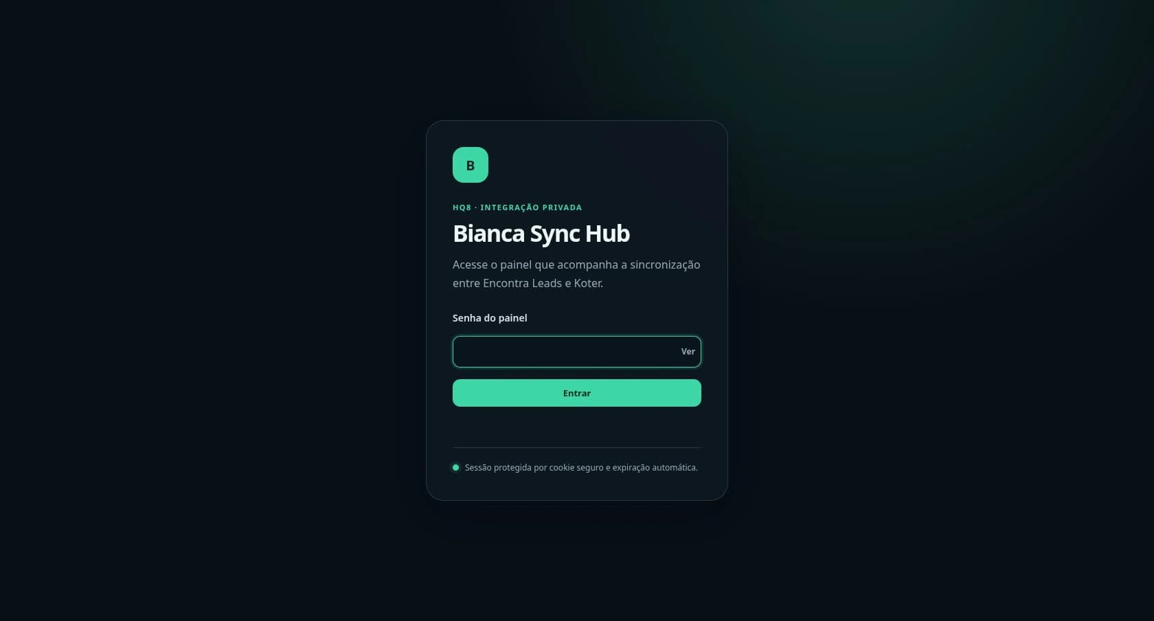Captura real da tela de acesso do Bianca Sync Hub, painel privado de sincronização entre CRMs.