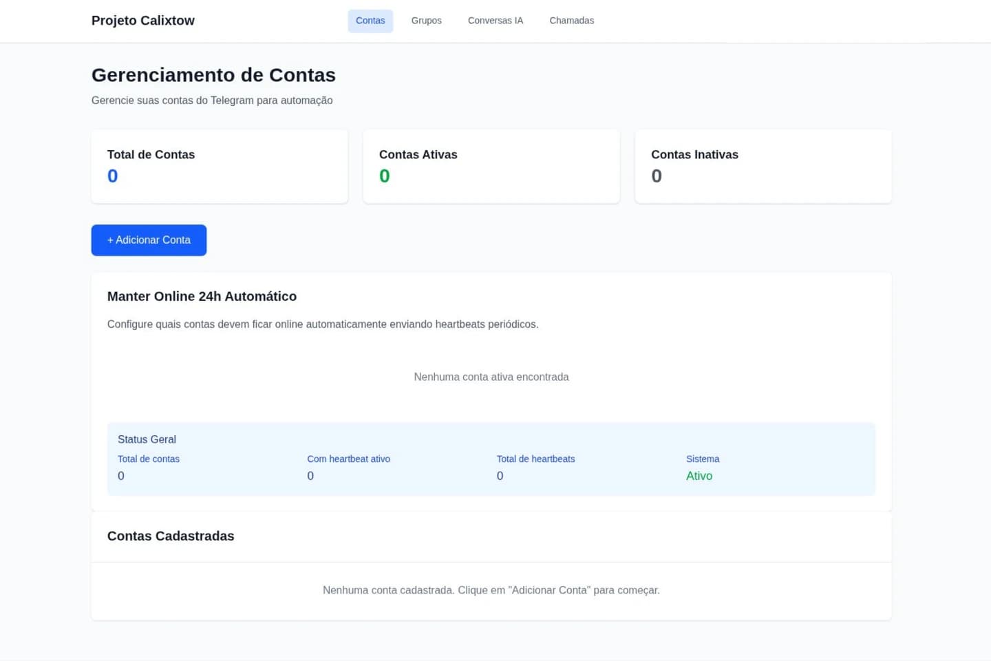 Captura real do painel autenticado do Projeto Calixtow para gerenciamento de contas e automações Telegram.
