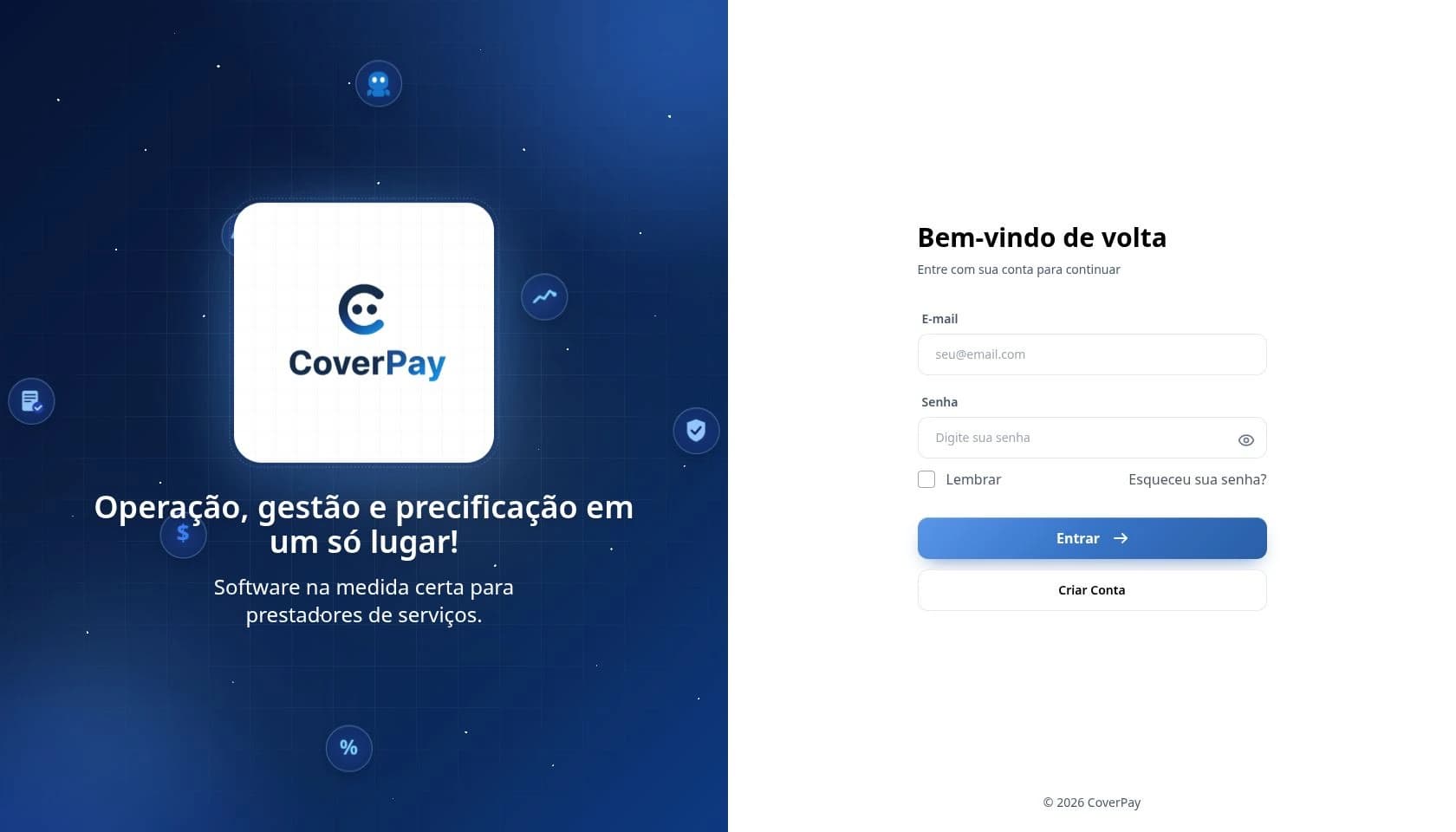 Captura real da tela de acesso do CoverPay, com identidade azul e formulário de autenticação.