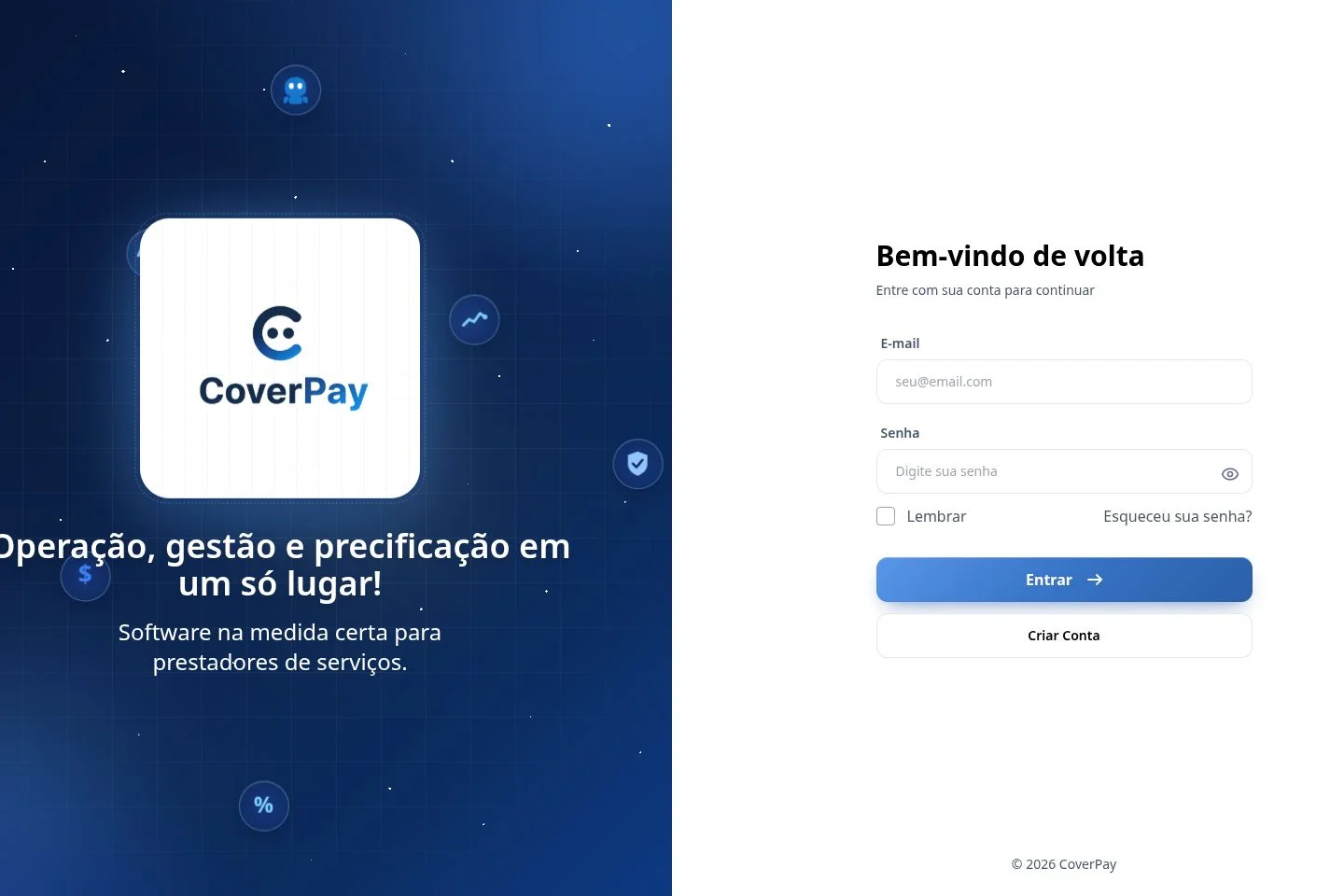 Captura real da tela de acesso do CoverPay, com identidade azul e formulário de autenticação.