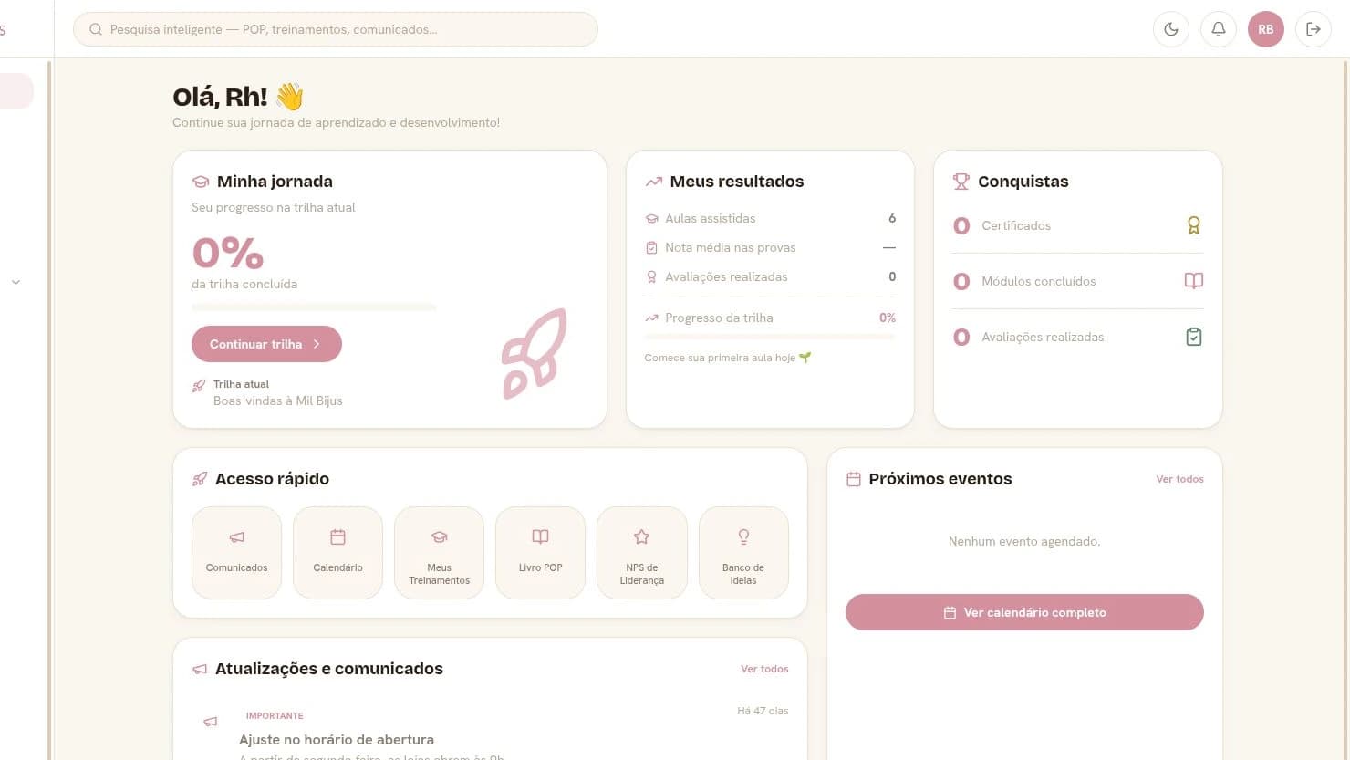 Captura real do painel UniMil da plataforma ECO MIL, com jornada, resultados, conquistas e atalhos operacionais.