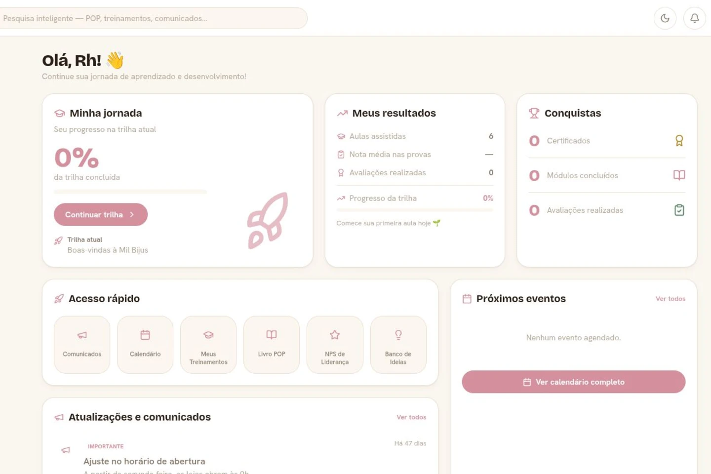 Captura real do painel UniMil da plataforma ECO MIL, com jornada, resultados, conquistas e atalhos operacionais.